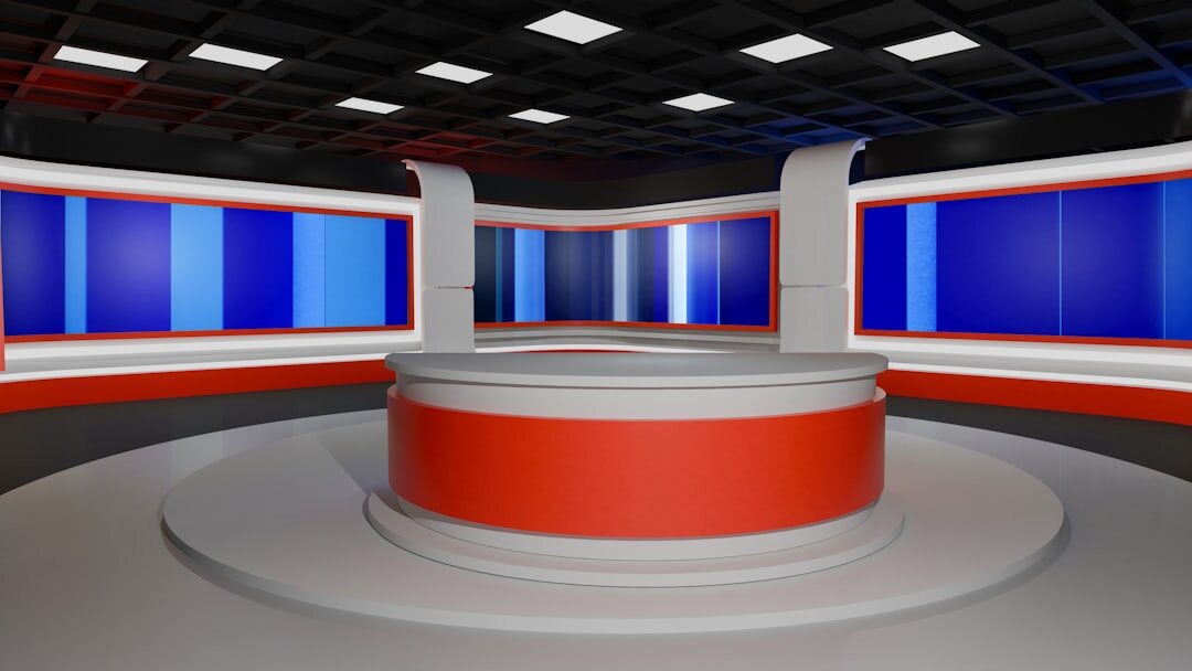 Television news studio desk with lighting rig